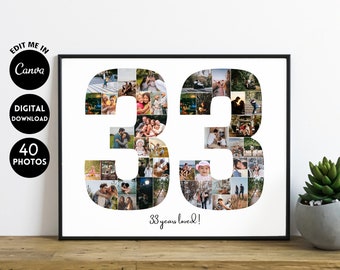 EDITABLE Custom 33rd anniversary Collage, 33rd birthday collage print, Photo Collage Gift, Number Collage, year collage, 33 birthday