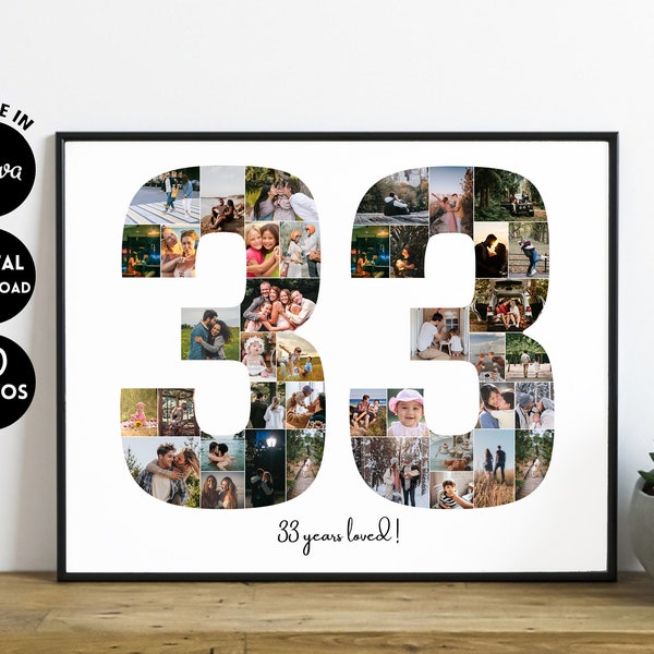 EDITABLE Custom 33rd anniversary Collage, 33rd birthday collage print, Photo Collage Gift, Number Collage, year collage, 33 birthday