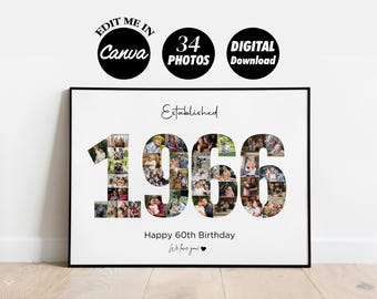 DIGITAL 1966 Photo Collage Template, 60th Birthday Anniversary Print, Gift for Him