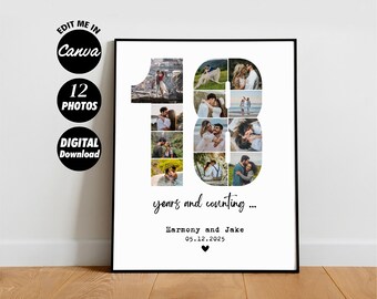 Digital 18th Anniversary Birthday Photo Collage Template Poster, 18 years gift, Personalized Special Gift for Boyfriend