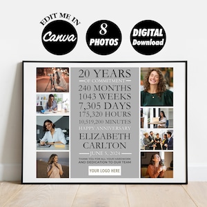 BEWERKBAAR 20-jarig werkjubileumcadeau voor werknemers fotocollage, jarenlange dienst, cadeau voor werknemer, bedankcadeau, 20-jarig jubileum
