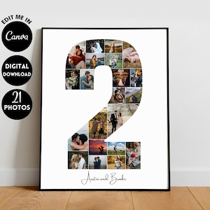 EDITABLE 21 photos, Custom 2nd Anniversary Collage, 2nd Anniversary Gift, Photo Collage Gift, Number Collage, 2 years anniversary