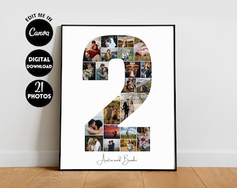 EDITABLE 21 photos, Custom 2nd Anniversary Collage, 2nd Anniversary Gift, Photo Collage Gift, Number Collage, 2 years anniversary