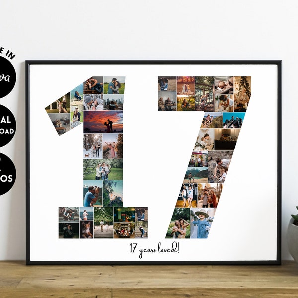 EDITABLE 42 photos, Custom 17 years Photo collage Template | 17th birthday Poster, 17th Anniversary Photo Gift