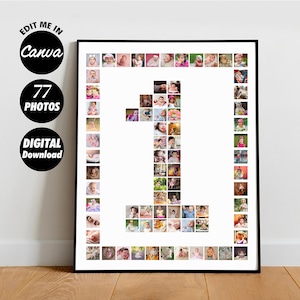 Può includere: Un download digitale stampabile di un collage fotografico a forma di numero uno. Il collage è composto da 77 foto singole di bambini e neonati. Il collage è incorniciato in una cornice bianca con un passepartout nero.
