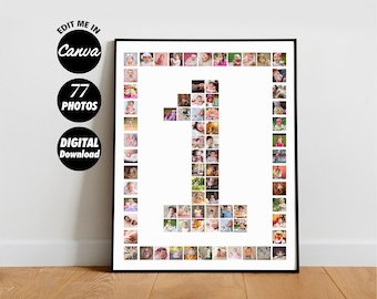 1st Birthday Anniversary Photo Collage Template, 1 Year Milestone Baby Print