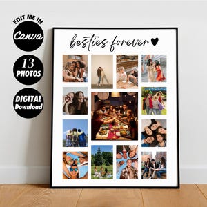 Könnte beinhalten: Eine druckbare Collage-Vorlage mit 13 Fotoplätzen für eine Gruppe von Freunden. Die Vorlage hat einen schwarzen Rahmen und einen weißen Hintergrund. Der Text "Besties forever" ist oben auf der Vorlage in schwarzer Kursivschrift geschrieben. Ein schwarzes Herz befindet sich neben dem Text.