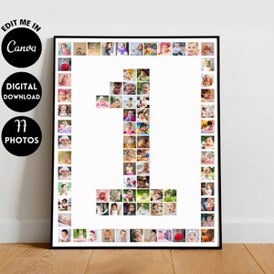 EDITABLE 77 photos, Custom 1 Year Baby print, Gift for baby, One Year Birthday Gift, 1 Year Milestone Photo Collage Template