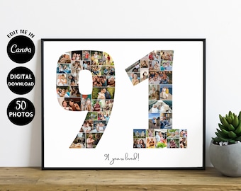 EDITABLE 50 photos, Custom 91st Birthday, 91st Anniversary Photo Collage Template Poster, 91 years gift, Personalized Special Gift