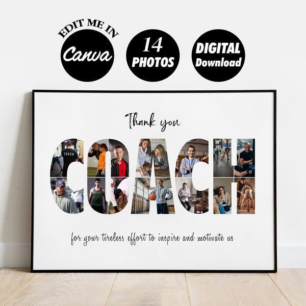 Editable 14 photos template, Coach Photo Collage, Gift for Coach, Personalized Sports Coach Frame, Thank you Gift for Mentor