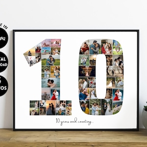 BEWERKBARE 45 foto's, 10 jaar jubileum fotocollagesjabloon | Blik | cadeau voor haar, cadeau voor hem, 10e verjaardag