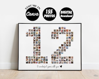 EDITABLE Personalized 12th Anniversary Photo Collage Template Gift for Boyfriend, Birthday Present for him, Digital Printable