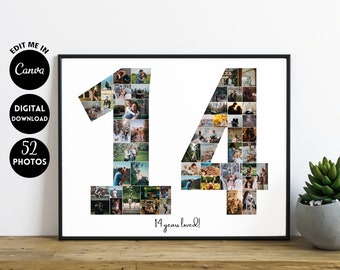 EDITABLE 52 photos, Personalized 14th Anniversary Photo Collage Template Gift for Boyfriend, Birthday Present for him, Digital Printable