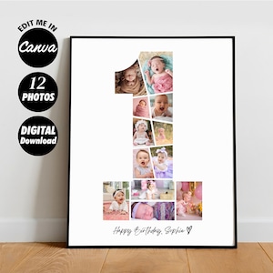 Druckbare Baby Foto Collage Vorlage zum 1 Geburtstag | Ein Jahr Foto Meilenstein Baby Poster