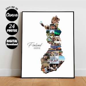 Collage photo personnalisé cadeau Finlande, art mural carte du pays finlandais, cadeau personnalisé, carte photo de voyage, cadeau d'anniversaire, NUMÉRIQUE