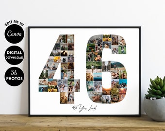 EDITABLE Custom 46th birthday anniversary collage print, Photo Collage Gift, Number Collage, year collage, Gift for grandma grandpa,1977