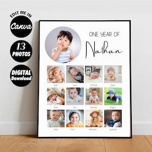 Plantilla de collage de fotos personalizado para el primer cumpleaños de un bebé, póster de regalo, hito del primer año, foto de los 12 meses