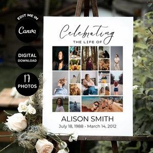 May include: A white poster with a black border, featuring a collage of 17 photos of a person. The poster has the text "Celebrating the life of Alison Smith July 18, 1988 - March 14, 2012".