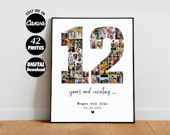 Personalized 12th Anniversary Photo Collage Template Gift for Boyfriend, Birthday Present for him, Digital Printable