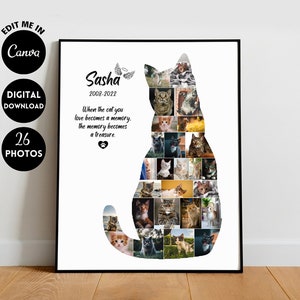 EDITABLE 26 photos, Custom Memorial Photo Collage Template Gift for Cat, Remembering Pet Cat Photo Album Poster