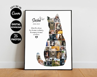 EDITABLE 26 photos, Custom Memorial Photo Collage Template Gift for Cat, Remembering Pet Cat Photo Album Poster
