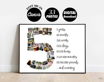 EDITABLE 5 Year Anniversary Gift for Boyfriend, 5th Anniversary Gift, Custom Five Anniversary Collage Gift, 5th birthday, gift for him