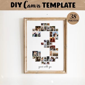May include: A DIY Canva template for a photo collage in the shape of the number three, featuring 38 photo slots and the text "years with you" at the bottom, displayed in a light wood frame against a plain white wall background.