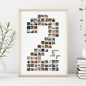 May include: A framed photo collage in the shape of the number two, made up of small square photos. The text "2 years with you" is written below the collage.