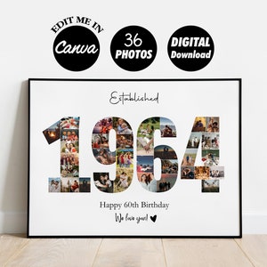 Collage personnalisé 1964, modèle d'impression de collage photo 61e anniversaire, cadeau de collage photo, collage de nombres, NUMÉRIQUE