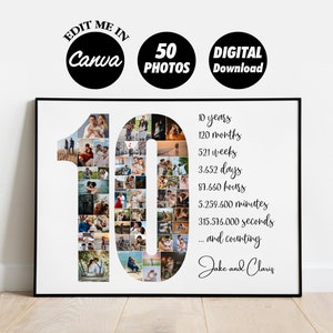 BEWERKBARE 50 foto's, aangepaste fotocollage 10 jaar jubileum | Blik | Cadeau voor echtgenoot, vriend | Cadeau voor 10e jaar | cadeau voor hem