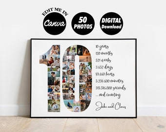 EDITABLE 50 photos, Custom 10 years anniversary photo collage | Tin | Gift for husband, boyfriend | 10th year gift | gift for him