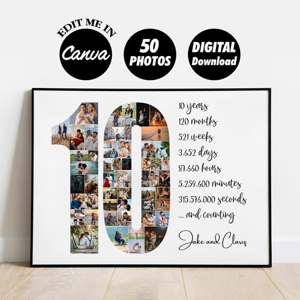 MODIFIABLE 50 photos, collage photo personnalisé pour les 10 ans | Étain | Cadeau pour mari, petit ami | Cadeau de 10e année d'existence | cadeau pour lui