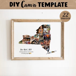 Op de afbeelding: Een ingelijste collagesjabloon in de vorm van de staat New York, met 22 fotovakken. De tekst luidt: DIY Canva TEMPLATE, 22 PHOTOS, New York, 2025, Chasing dreams and sunsets in the Big Apple. De lijst is van lichtgekleurd hout.