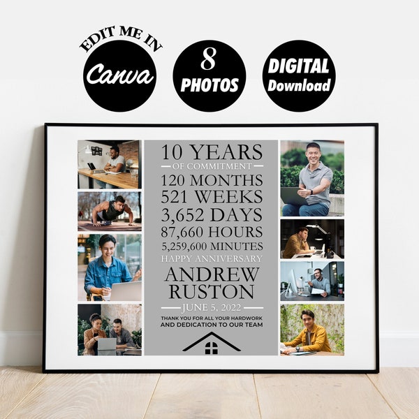 EDITABLE 10 year work anniversary gift for employees photo collage, years of service, gift for employee, thank you gift, digital file