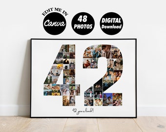 EDITABLE Custom 42nd birthday gift, 42 anniversary Photo Collage Template Gift, Number Collage
