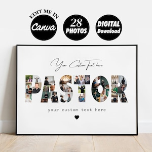 May include: A printable digital download of a photo collage in the shape of the word "PASTOR". The collage is made up of 28 photos of people. The text "Your Custom Text Here" and "Your Custom Text Here" is included in the design.