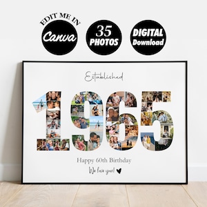 Collage personnalisé de 1965, modèle d'impression de collage photo pour 60e anniversaire, cadeau de collage photo, collage de nombres, NUMÉRIQUE