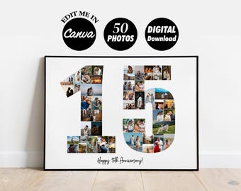 EDITABLE Custom 15 years Photo collage anniversary | Gift for husband boyfriend | 15th year | Custom collage | gift for him, 15th birthday