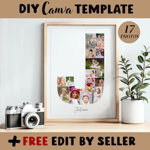Personalized Letter J Photo Collage Template, Baby Initial Nursery Decor, Graduation Token