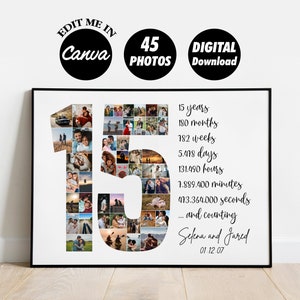 BEWERKBAAR aangepast 15-jarig jubileumcadeau voor vriend, huwelijksverjaardag fotocollagecadeau, cadeau voor hem, cadeau voor haar, 15e verjaardag