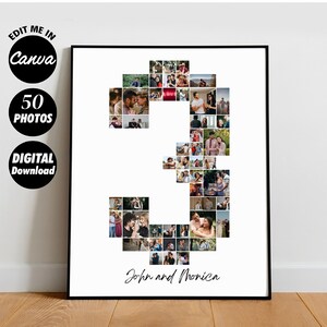 May include: A black and white photo collage in the shape of the number 3. The collage is made up of 50 photos of a couple. The couple's names, John and Monica, are written in black cursive at the bottom of the collage.