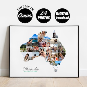 Collage de fotos de regalo personalizado de Australia, arte de pared con mapa del país australiano, regalo personalizado, mapa de fotos de viaje, regalo de aniversario, DIGITAL