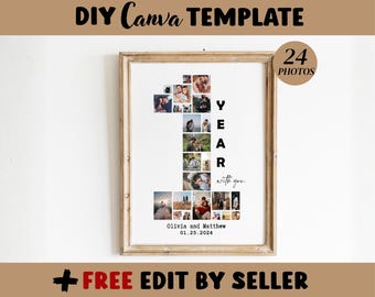 Op de afbeelding: Een ingelijste fotocollage-sjabloon in de vorm van het cijfer één, met vierentwintig individuele foto's. De tekst luidt 1 YEAR with you, Olivia and Matthew, en 01.25.2024. Bovenaan staat DIY Canva TEMPLATE en 24 PHOTOS.