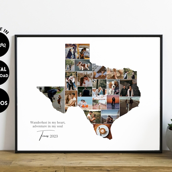 EDITABLE Custom Texas gift photo collage, Texas State map wall art, usa map Personalized gift, Travel Photo map, Anniversary Gift