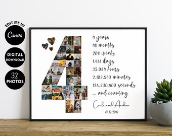 EDITABLE Custom 4 Year Anniversary Gift for Boyfriend, Four Year Anniversary Gift, Custom 4th Anniversary Collage Gift, 4th Birthday