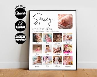 Baby's First Year Photo Collage, Canva Template, 13 Photos, Milestone Birthday Poster, Digital Download