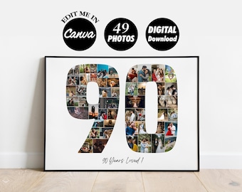90th Birthday Anniversary Photo Collage Gift, Custom 90 Years Photo Print (Digital Download)