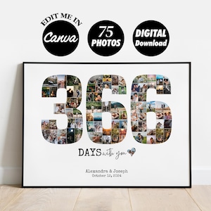 Può includere: Un poster bianco stampabile con una cornice nera che presenta un collage di foto a forma del numero 366. Il testo "DAYS with you" è sotto il numero, seguito da "Alexandra & Joseph" e "October 12, 2024".