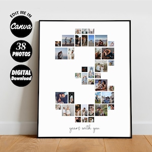 Puede incluir: Un póster blanco imprimible con un número 3 hecho de 38 fotos de una pareja. El texto "3 años contigo" está debajo del número.