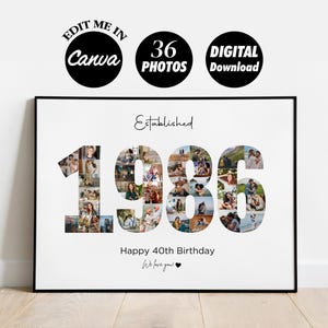 Puede incluir: Una impresión enmarcada con el año "1986" compuesta por 36 fotos. La impresión incluye el texto "Established", "Happy 40th Birthday" y "We love you". La imagen también contiene el texto "Edit me in Canva", "36 Photos" y "Digital Download".